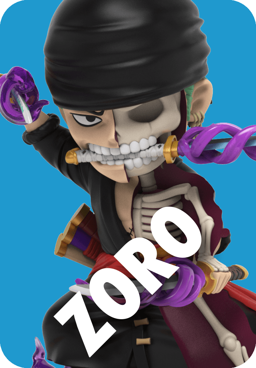 Zoro figure, half-skeletal, with black bandana and swords drawn, intense gaze against a blue background.